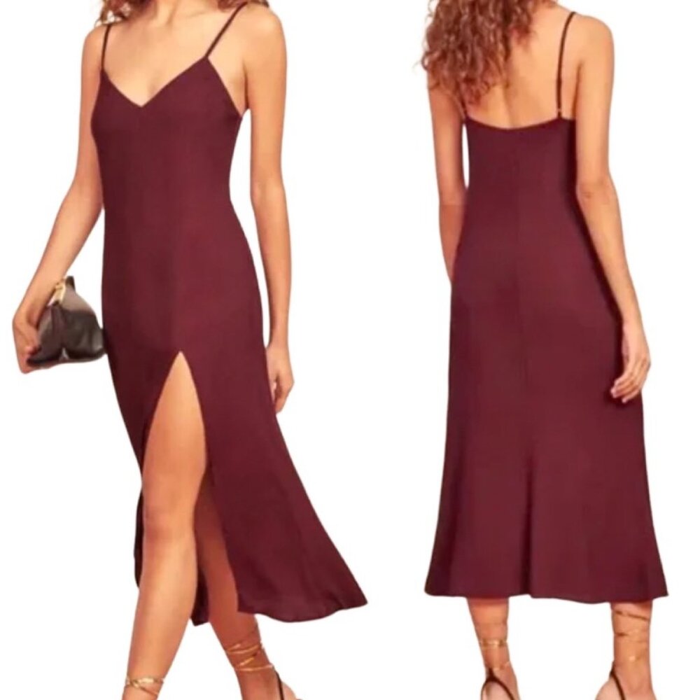Reformation Crimini V Neck Leg Slit Midi Slip Dress in Plum Maroon Women's Sz 12